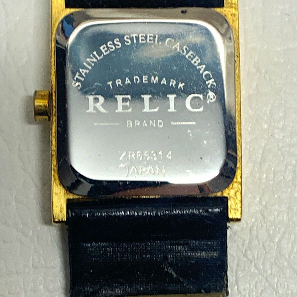 Relic Women’s Square Quartz Watch Gold Tone Case Black Leather Strap White Dial